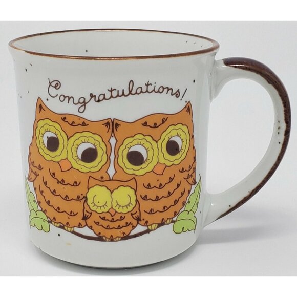 Retro Owl Mug Speckled Stoneware Owlet Baby Congratulations Vintage - Picture 2 of 5
